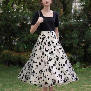 Short-sleeve Mock Two-piece Floral Midi A-line Dress