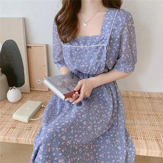 Floral Square Neck Short-sleeve Midi A-line Dress