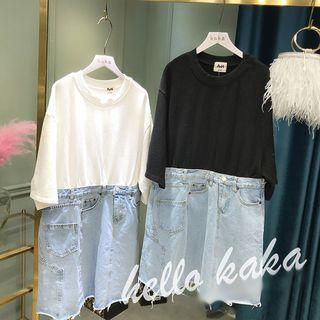 Denim Panel Elbow Sleeve Dress