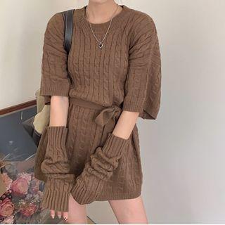 Set: Plain Tie-waist Knit Top + Arm Sleeves
