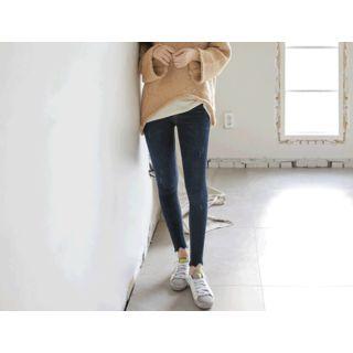 Cutout-hem Brushed-fleece Lined Skinny Jeans