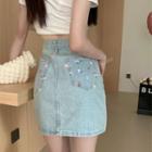 High-waist Floral Print Denim Skirt