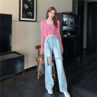Plaid Long-sleeve Cardigan / Plain Sleeveless Top / High Waist Wide Leg Ripped Jeans