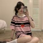 Elbow-sleeve Striped Strawberry Embroidered T-shirt Pink - One Size