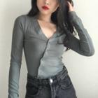 Button-up V-neck Long-sleeve Top