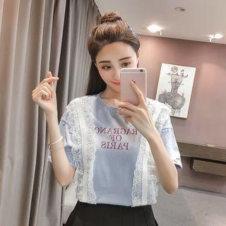 Short-sleeve Lace-trim Lettering Top