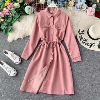 Corduroy Drawstring Long-sleeve Shirtdress