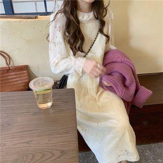 Lace Long-sleeve Loose-fit Dress Almond - One Size