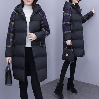 Plaid Panel Hooded Midi Padded Jacket