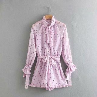 Puff-sleeve Tie-neck Dotted Romper