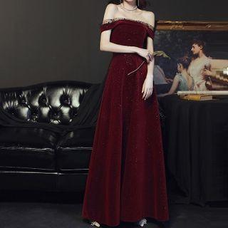 Off-shoulder Mesh Panel Velvet Sequined Evening Gown