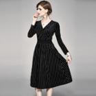 V-neck Rhinestone Striped Midi A-line Dress