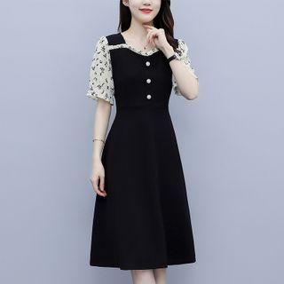 Elbow-sleeve Floral Print Panel A-line Dress
