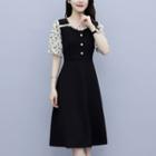 Elbow-sleeve Floral Print Panel A-line Dress