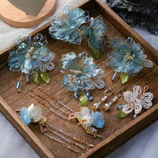 Set Of 5: Wedding Flower Headpiece + Earring Set Of 5- Sky Blue - One Size