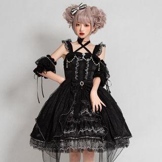 Set: Strappy Print A-line Dress + Arm Sleeve + Necklace + Haedpiece