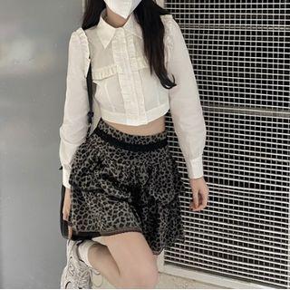 Ruffle Shirt / Leopard Print Mini A-line Skirt