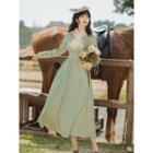 Long-sleeve Tie Trim Midi A-line Dress