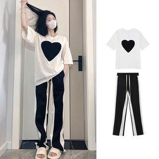 Set: Short Sleeve Heart Print T-shirt + Drawstring Contrast Trim Wide Leg Pants