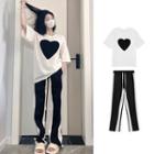 Set: Short Sleeve Heart Print T-shirt + Drawstring Contrast Trim Wide Leg Pants