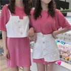 Crew-neck Elbow-sleeve T-shirt Dress / Cropped Camisole Top / Pocket Detail A-line Skirt
