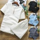 Set: Short-sleeve Buttoned Top + Pants
