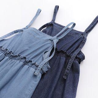 Denim Ruffle Trim Wide-leg Cropped Jumper Pants