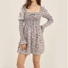 Long-sleeve Floral Ruched Dress
