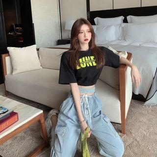Printed Letter Short-sleeve Top / High Waist Cargo Pants
