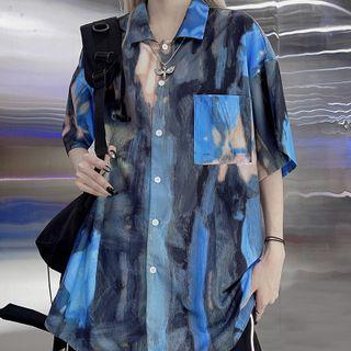 Elbow-sleeve Print Shirt Black & Blue - One Size