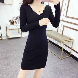 Butterfly Embroidered Long-sleeve Sheath Dress As Shown In Figure - One Size
