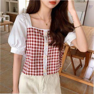 Gingham Panel Square-neck Short-sleeve Blouse