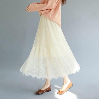 Lace-overlay Long Flare Skirt
