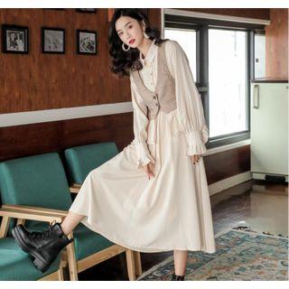 Buttoned Ruffle Hem Vest / A-line Midi Shirtdress