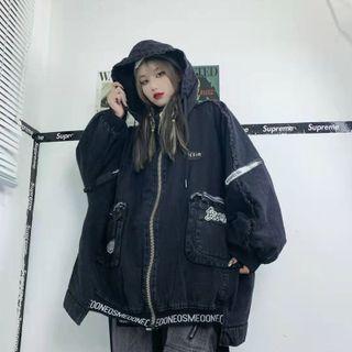 Lettering Hooded Oversized Denim Jacket Black - One Size