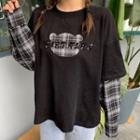 Mock Two-piece Oversize Plaid Panel Printed T-shirt