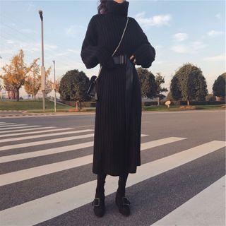 Cowl-neck Ribbed Knit Dress Black - One Size