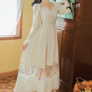 Long-sleeve Floral Embroidered Mesh Maxi Dress