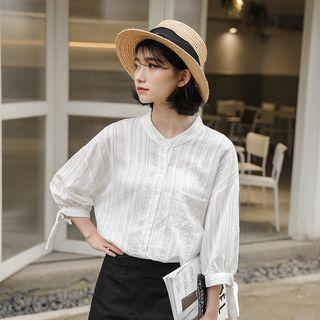 3/4-sleeve Striped Buttoned Open Back Top