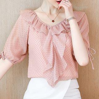 Polka Dot Short-sleeve Ruffle Chiffon Blouse