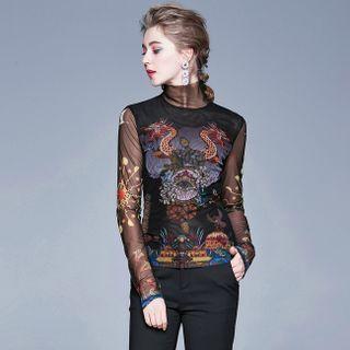 Long Sleeve Mock Neck Mesh Panel Dragon Print T-shirt