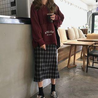 Letter Hoodie / Plaid Midi Skirt