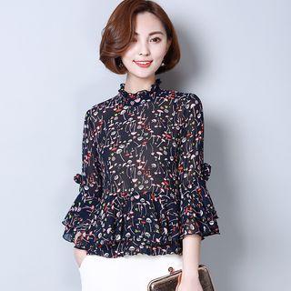 Printed Ruffle Chiffon 3/4 Sleeves Top