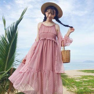 Dotted Midi Spaghetti Strap Dress / Open-front Jacket