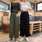 Elbow-sleeve Letter Sheer T-shirt / Adjustable Cuff Pants