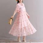 Set: Floral Print Short-sleeve A-line Midi Dress + Strappy Dress
