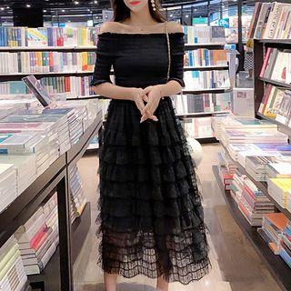 Off-shoulder Midi Tiered Mesh Dress