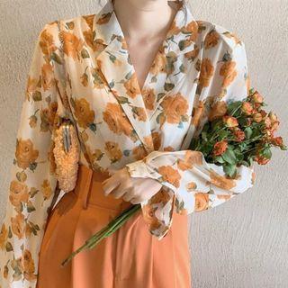 Set: Floral Print Double-breasted Shirt + Wide Leg Pants