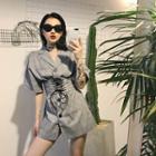 Elbow-sleeve Lace-up Check Long Top