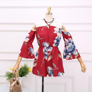 3/4-sleeve Floral Print Playsuit